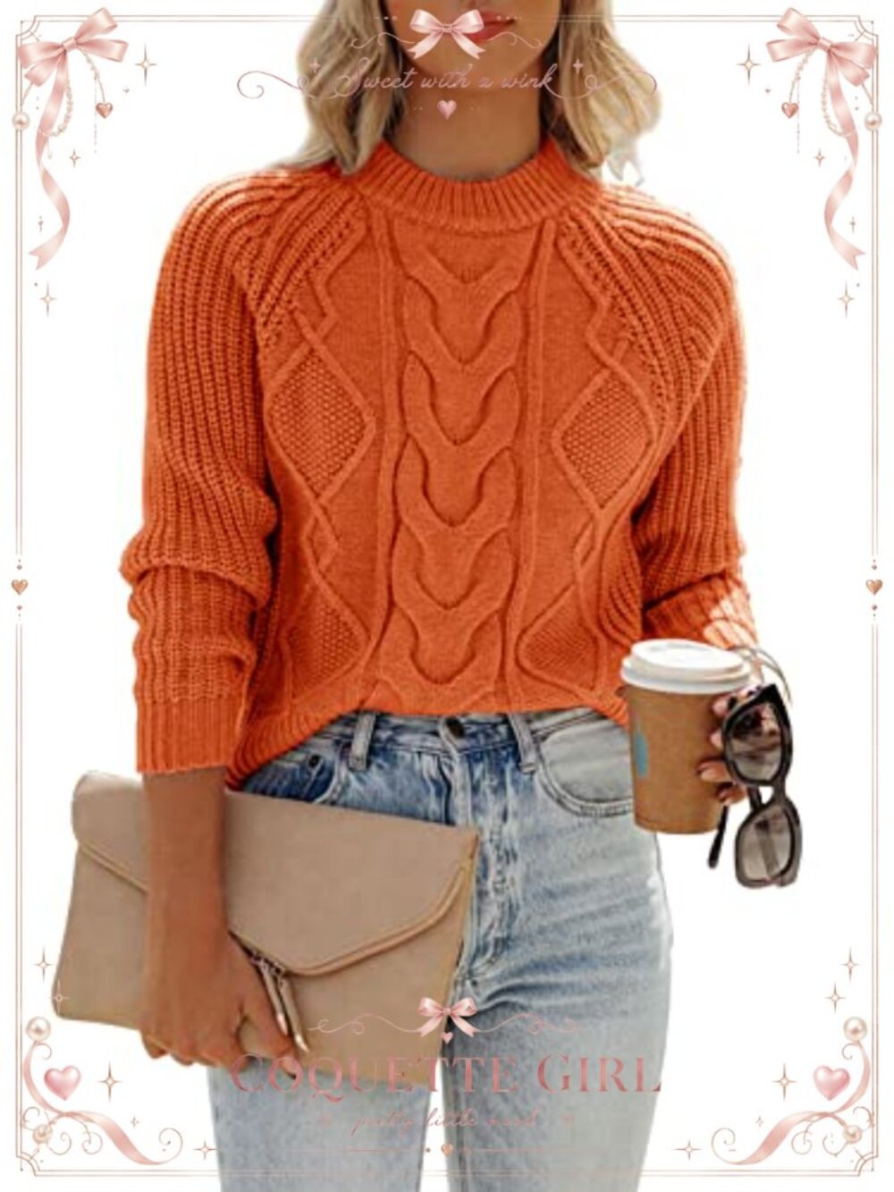 Womens Long Sleeve Cable Knit Crew Neck Pullover Sweater Ribbed Acrylic